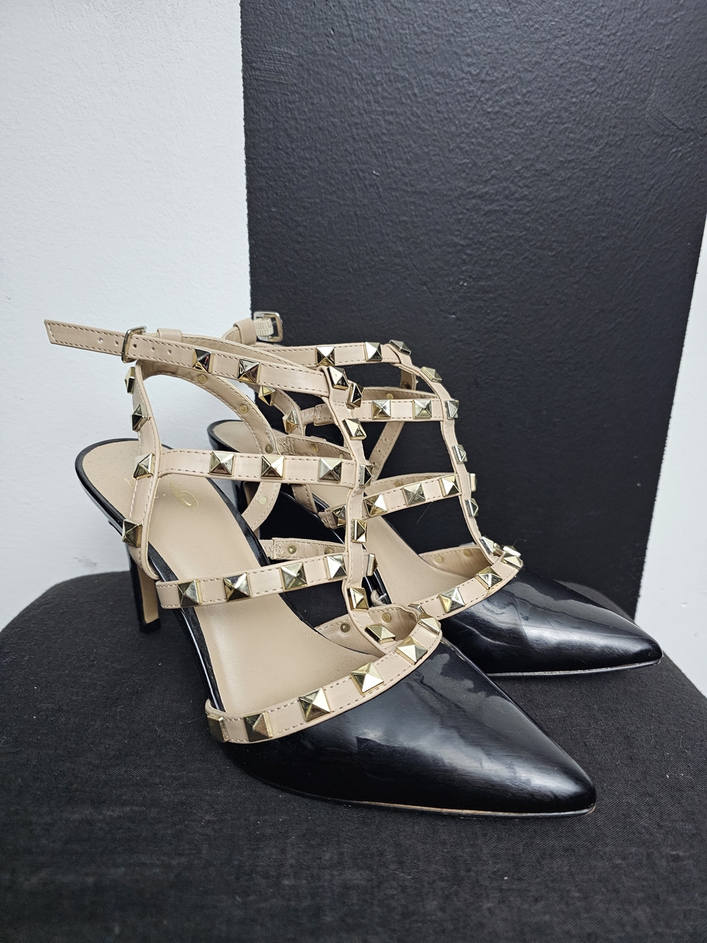 Mix No. 6 Black Patent Pointed-Toe Heels with Beige Studded Straps